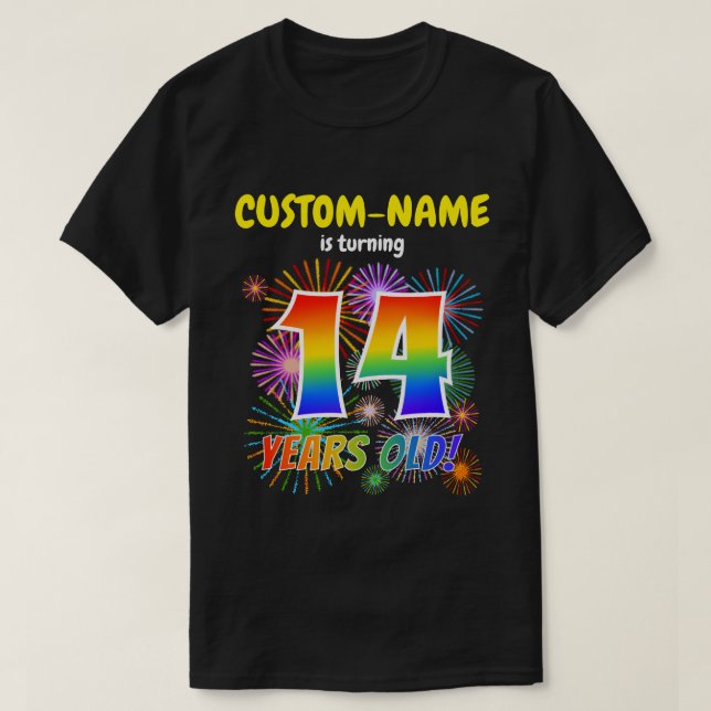 Camiseta Fogos de artifício divertidos, Rainbow Olha "14",  (Frente do Design)