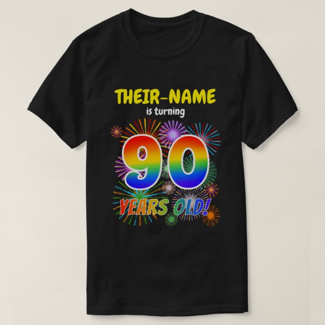 Camiseta Fogos de artifício divertidos, Rainbow Olha "90",  (Frente do Design)