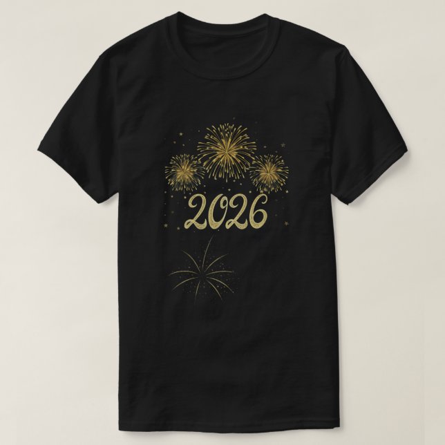 Camiseta Fogos de Artifício Dourados 2026 Design de Ano Nov (Frente do Design)