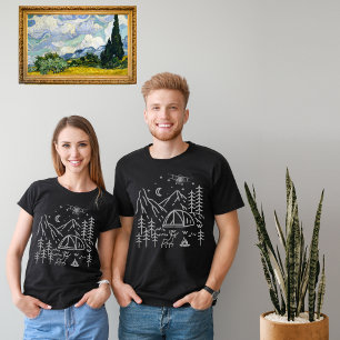Camiseta Fogueira ao ar livre Floresta Montanha Lua Estrela