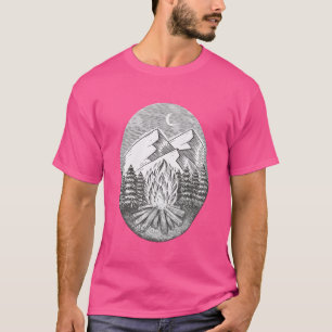 Camiseta Fogueira de camping desenhada à mão com montanha e