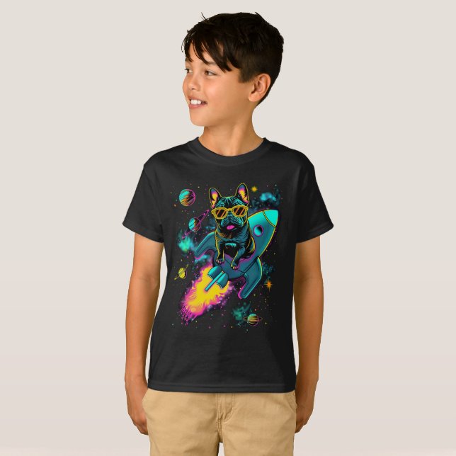 Camiseta Foguete Cósmico Frenchie | Neon Kids (Frente Completa)