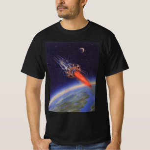Camiseta Foguete de Ficção Científica Antigo no Espaço sobr