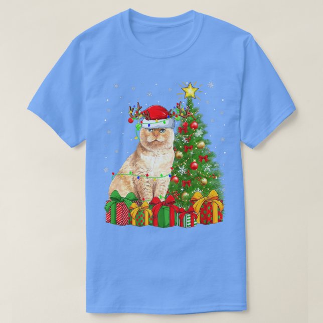 Camiseta Fold Cat Lighting Xmas Tiro escocês (Frente do Design)