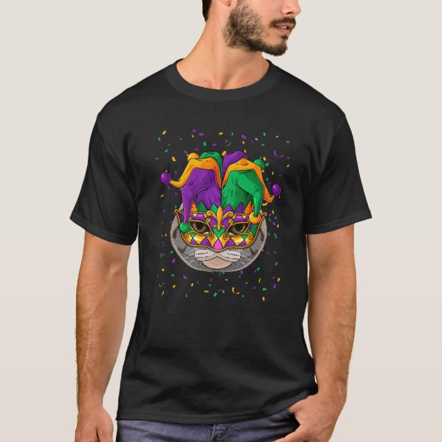 Camiseta Fold Escocês Mardi Gras Cat Face Carnaval Jester (Frente)