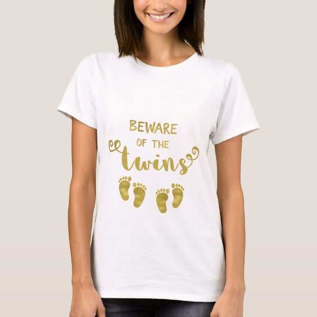 Camiseta Folha Dourado do t-shirt de maternidade dos gêmeos (Frente)
