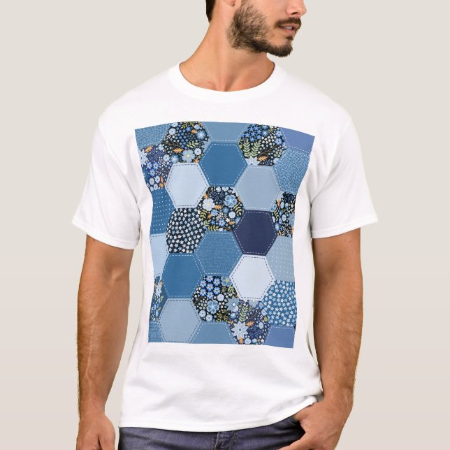 Camiseta Folha floral, colagem de denim: padrão azul. (Frente)