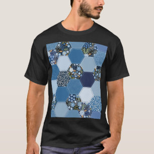 Camiseta Folha floral, colagem de denim: padrão azul.