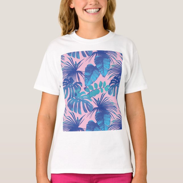 Camiseta Folhagem tropical rosa e azul personalizada (Frente)