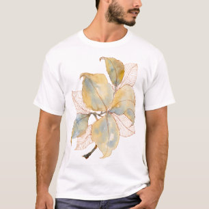 Camiseta Folhas Botânicas de Aquarela Azul Dourado Suave