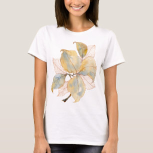 Camiseta Folhas Botânicas em Dourado Azul Desbotado em Aqua