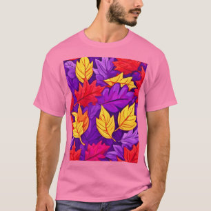 Camiseta Folhas de Cartoon Vibrantes: Roxo, Amarelo, Vermel