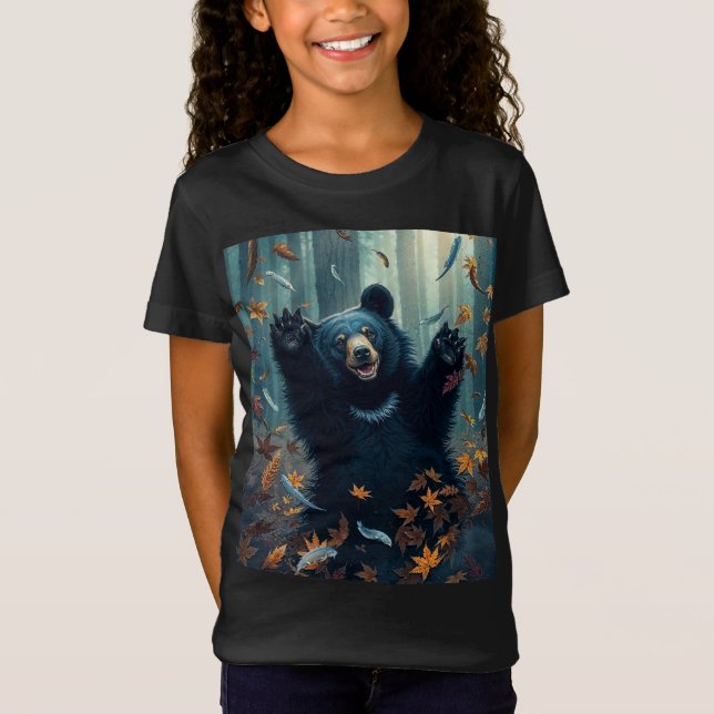 Camiseta Folhas de Dispersão de Urso Negro Feliz (Frente)