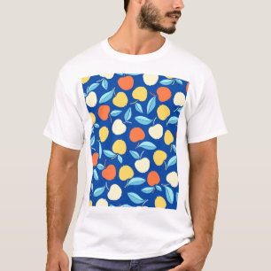 Camiseta Folhas de maçãs, fundo azul, padrão sem costura.