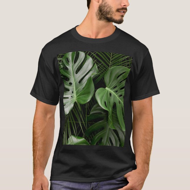 Camiseta Folhas de Monstera, layout tropical de luxo. (Frente)