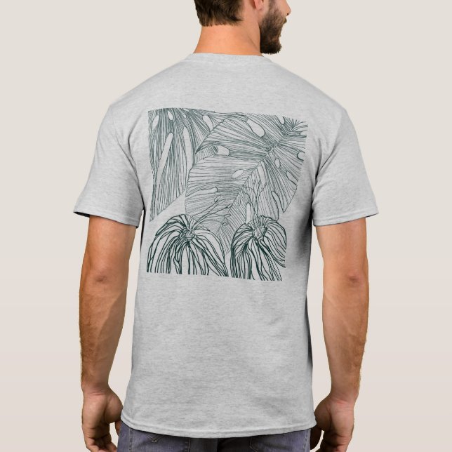 Camiseta folhas de monstera verde-escura e lírios contorno (Verso)