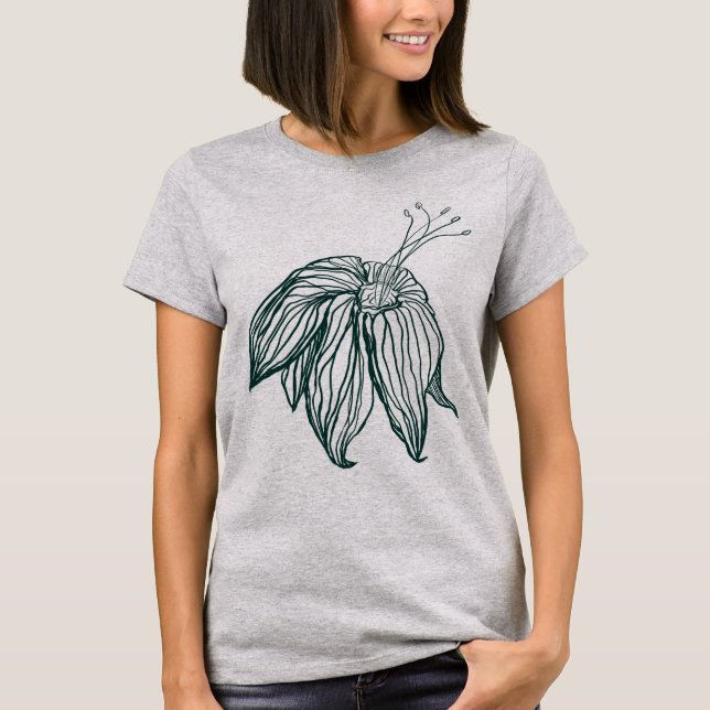 Camiseta folhas de monstera verde-escura e lírios contorno (Frente)