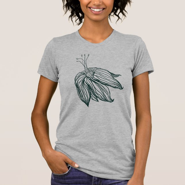 Camiseta folhas de monstera verde-escura e lírios contorno (Frente)