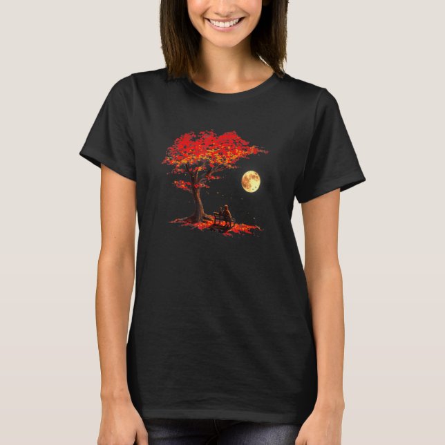 Camiseta Folhas de Outono Lua Astronauta Com Gato Espaço Ex (Frente)