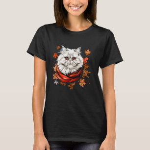 Camiseta Folhas de Outono Persa Retro Gato Temporada de Out