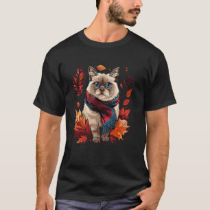 Camiseta Folhas de Outono Retro Gato Birmanês Estação de Ou