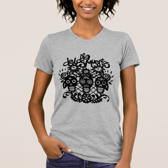 Camiseta Folhas de Papel Preto do Dia de los Muertos (Frente)