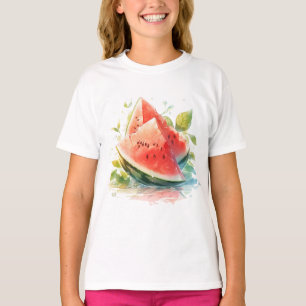Camiseta Folhas de Verão com Melancia de Aquarela