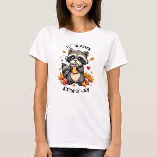 Camiseta Folhas e Ansiedade - Cute Raccoon com Café
