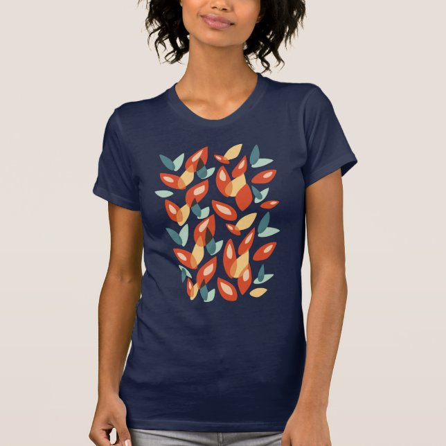 Camiseta Folhas Geométricas Padrão Amarelo Laranja Abstrato (Frente)