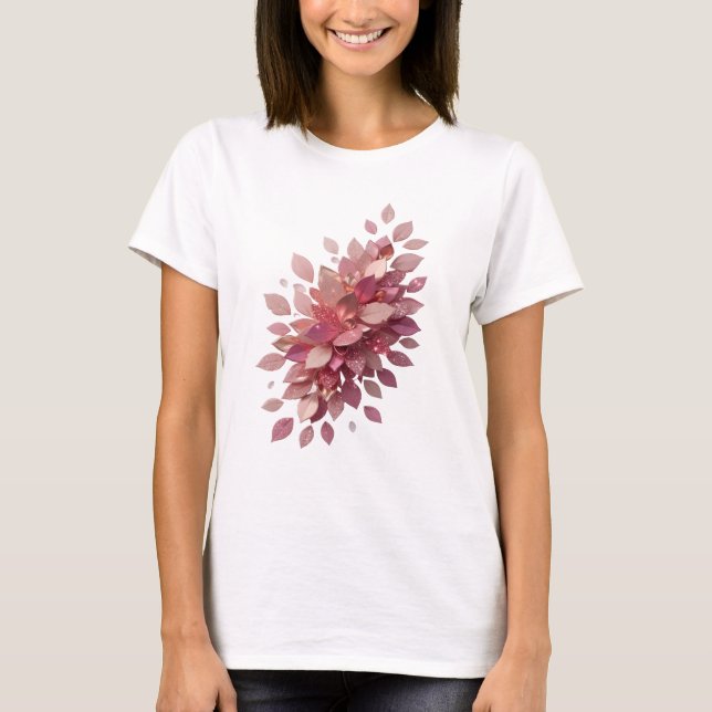 Camiseta Folhas Rosa Prateadas Icônicas em Impressão (Frente)