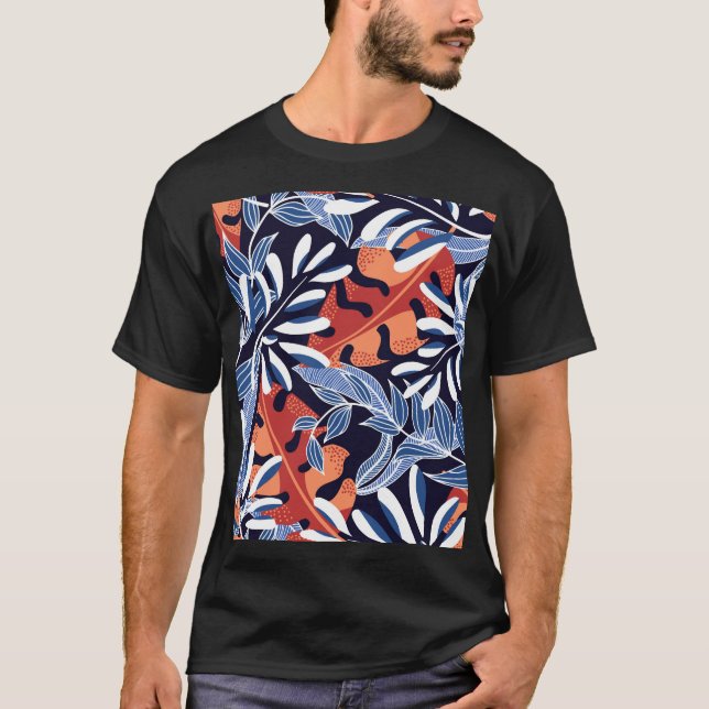 Camiseta Folhas tropicais coloridas com fundo azul (Frente)