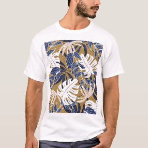 Camiseta Folhas Tropicais Coloridas Fundo Laranja