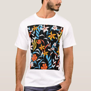 Camiseta Folhas tropicais coloridas: padrão de fundo escuro