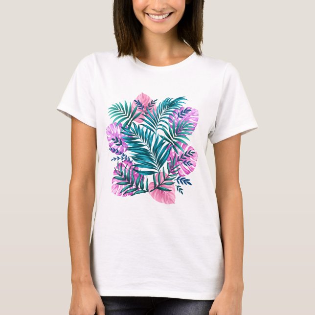 Camiseta Folhas tropicais cor-de-rosa e lacrimejante e mons (Frente)