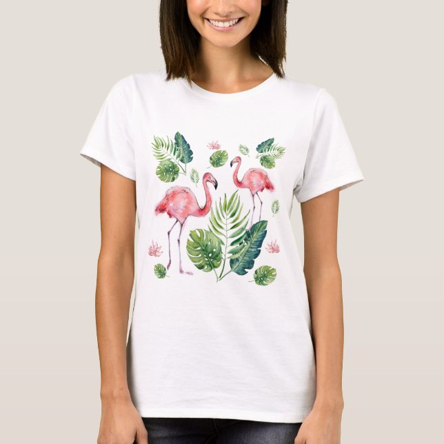 Camiseta Folhas tropicais cor-de-rosa Elegante Flamingo (Frente)