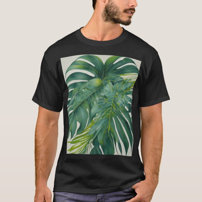 Camiseta folhas tropicais de abstrato art, fundo. (Frente)