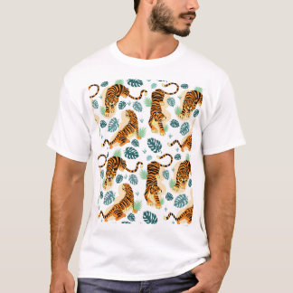 Camiseta Folhas Tropicais de Tigres: Ilustração Vintage.