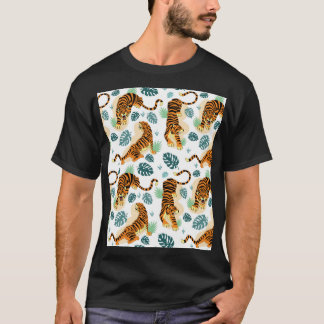 Camiseta Folhas Tropicais de Tigres: Ilustração Vintage.
