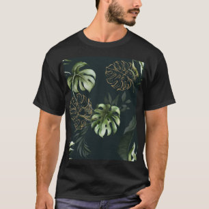 Camiseta Folhas Tropicais Douradas: Cor de Água Escura