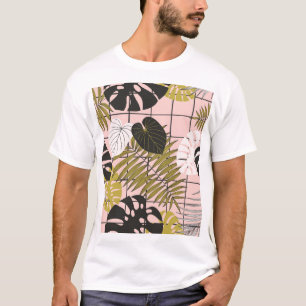 Camiseta Folhas tropicais, flores, padrão pintado à mão.