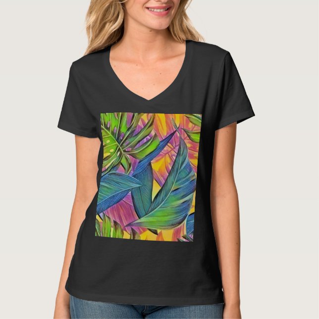 Camiseta Folhas tropicais grandes coloridas pintura aquosa (Frente)