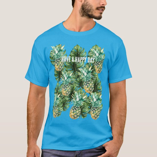 Camiseta Folhas Tropicais Verdes Azuis Ananases (Frente)