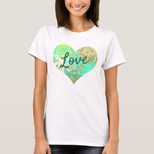 Camiseta Folhas verdes em forma de coração de texto de amor