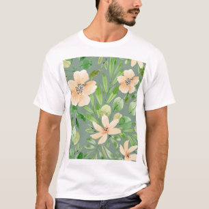 Camiseta Folhas Verdes, Flores Rosa: Aquarela.