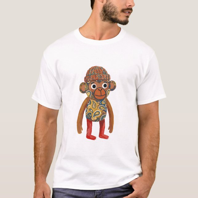 Camiseta Folk Art Monkey Beanie T-Shirt (Frente)