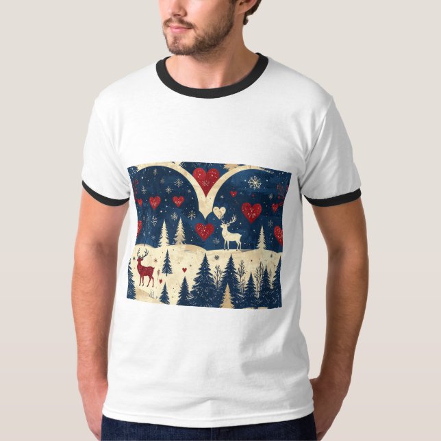 Camiseta Folk-Art Reindeer Pattern T-shirt (Frente)