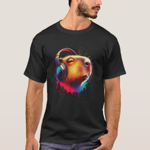 Camiseta Fone de ouvido legal Capybara Música de Arte, Nata