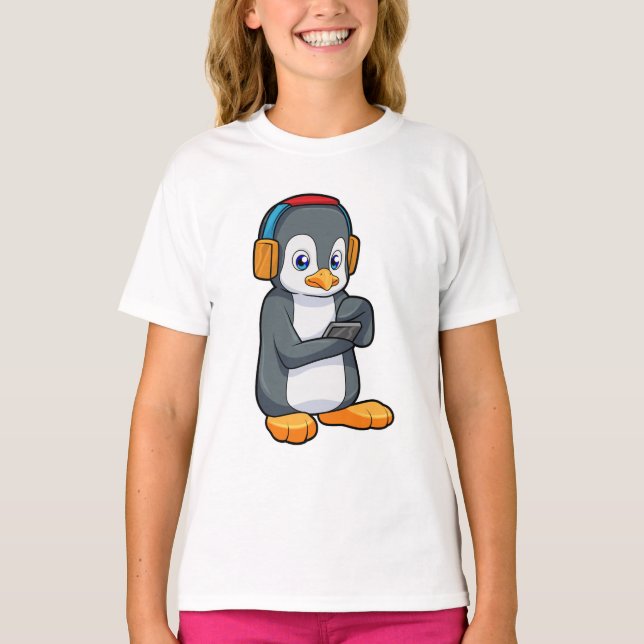 Camiseta Fone de ouvido para música pinguim (Frente)