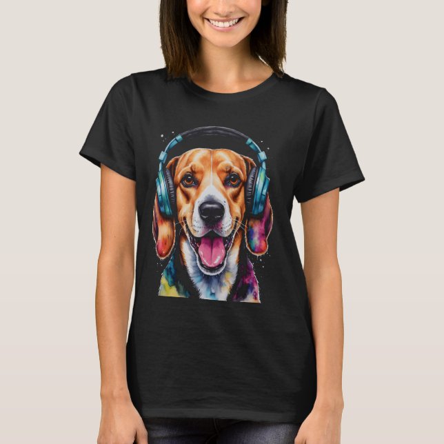 Camiseta Fones de ouvido De Beagle Cão Engraçado Impressão  (Frente)