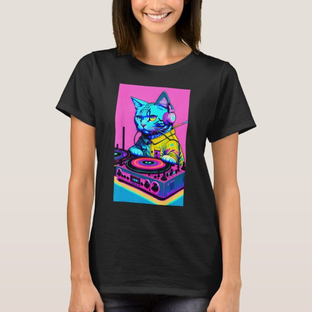 Camiseta Fones de ouvido de Gato DJ Turntable DJ Mixer Drea (Frente)